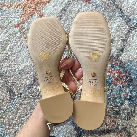 STUART WEITZMAN Soirée Metallic Gold Block Heels - 7 - Picture 7 of 10